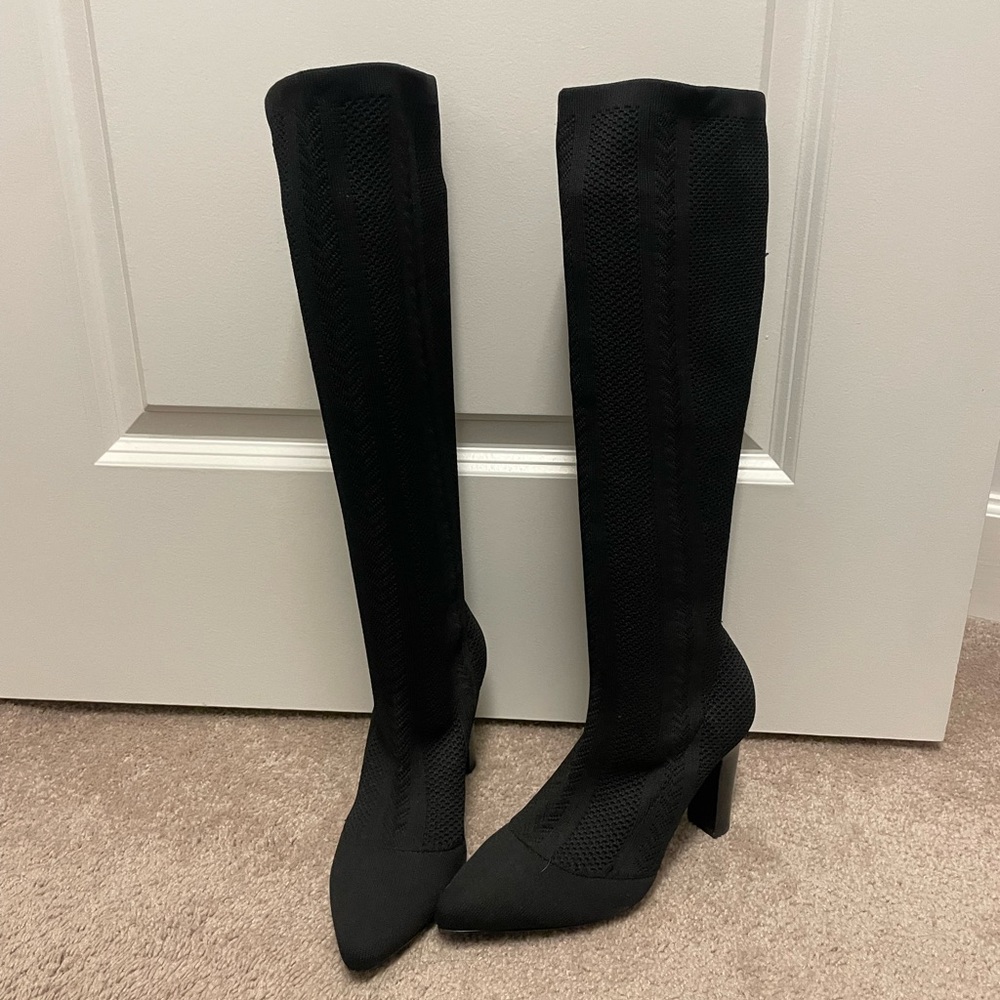 Black Knee High Boots - Knit